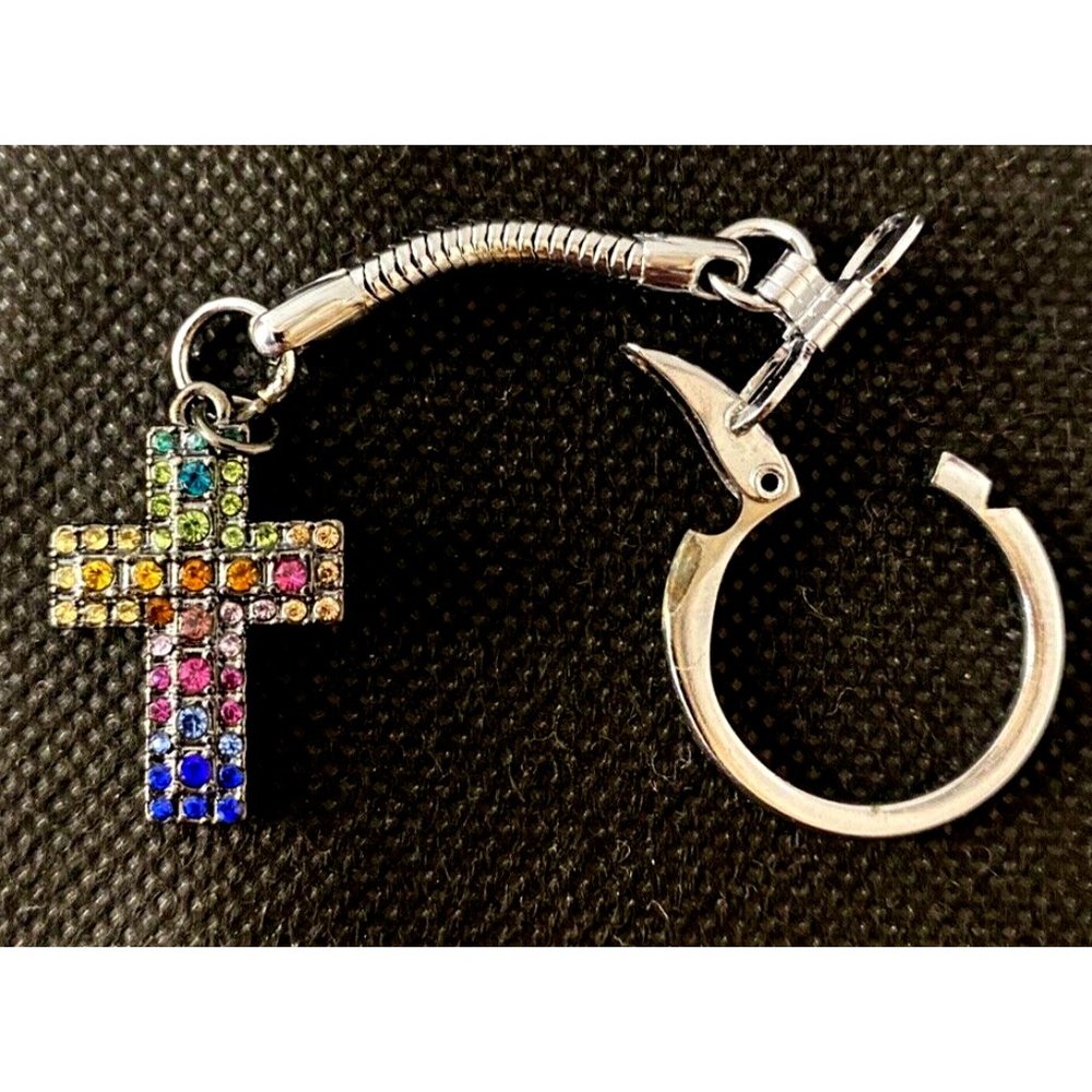 Handcrafted Multicolor Rhinestone Cross Chrome Steel Key Chain Charm Accessory - Picture 4 of 6
